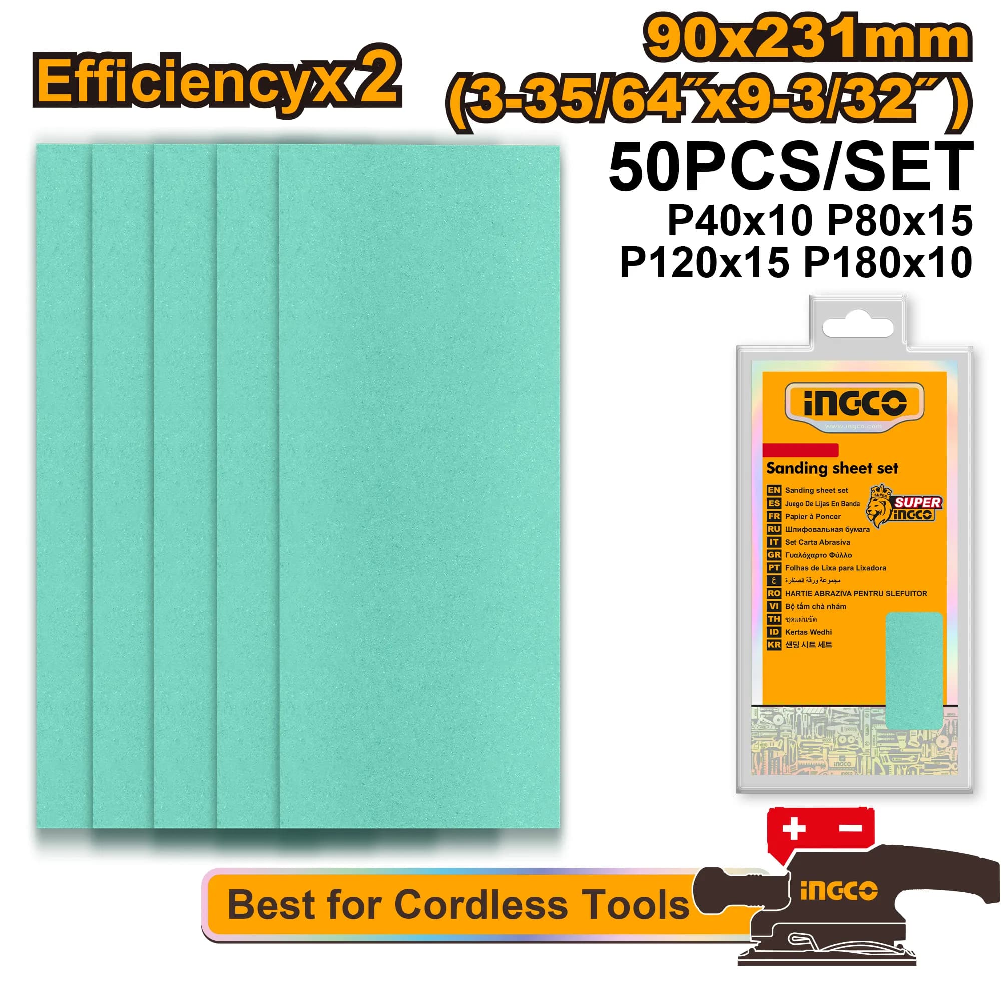 SET LIJAS 90X231MM G40X10 G80X15 G120X15 G180X10 50PCS INGCO