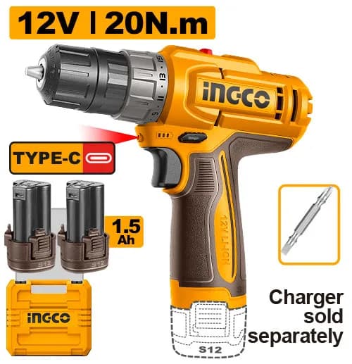 TALADRO INALAMBRICO 3/8" 12V 20N.M + 2 BAT 1.5AH + MALETA INGCO
