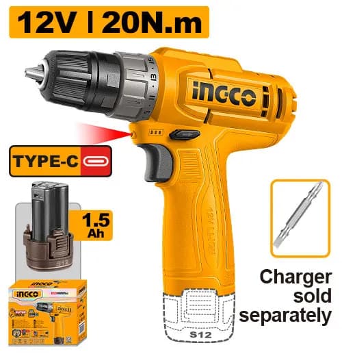 TALADRO INALAMBRICO 3/8" 12V 20N.M + 1 BAT 1.5AH INGCO