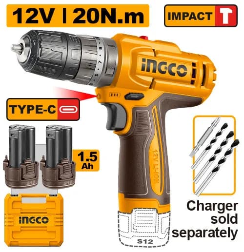 TALADRO DE IMPACTO 3/8" 12V 20N.M + 2 BAT 1.5AH + MALETA INGCO