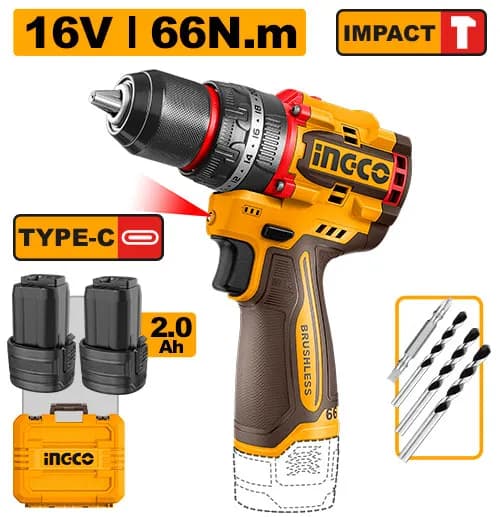 TALADRO DE IMPACTO 1/2" 16V 66N.M + 2 BAT 2.0AH + MALETA INGCO