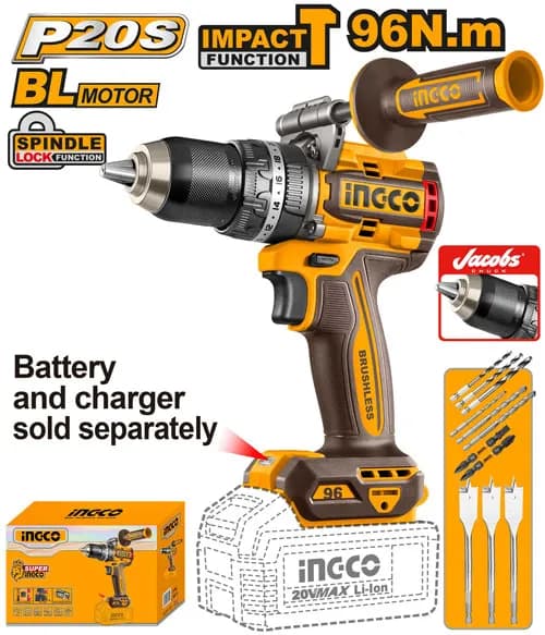 TALADRO DE IMPACTO CON MANGO 1/2'' BL 20V 96N.M INGCO
