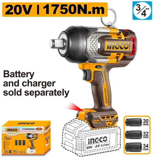 LLAVE DE IMPACTO INALAMBRICA 3/4" BL 20V 1750N.M INGCO