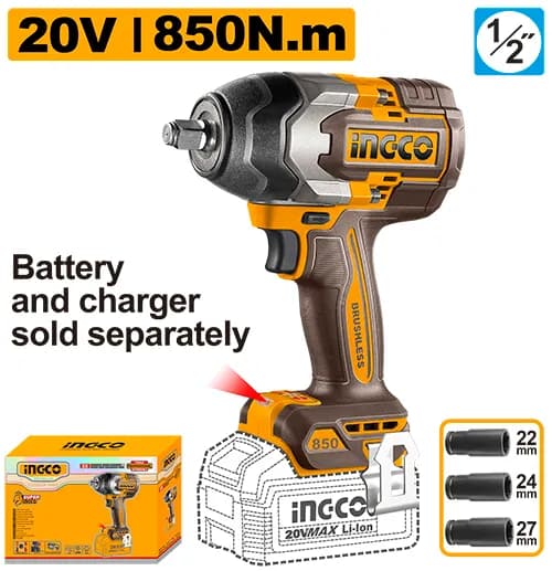 LLAVE DE IMPACTO INALAMBRICA 1/2"" BL 20V 850N.M INGCO