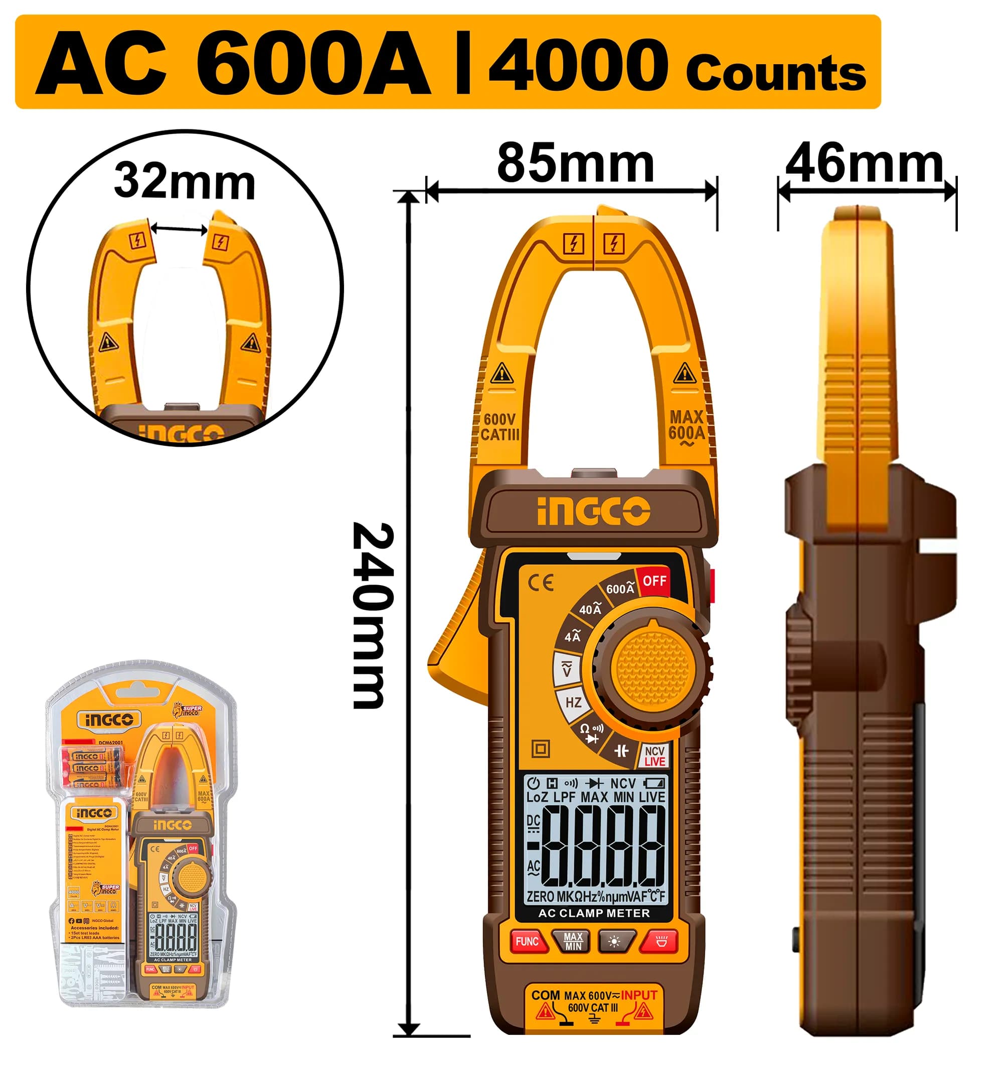 PINZA AMPERIMETRICA DIGITAL 4000 CUENTAS INGCO