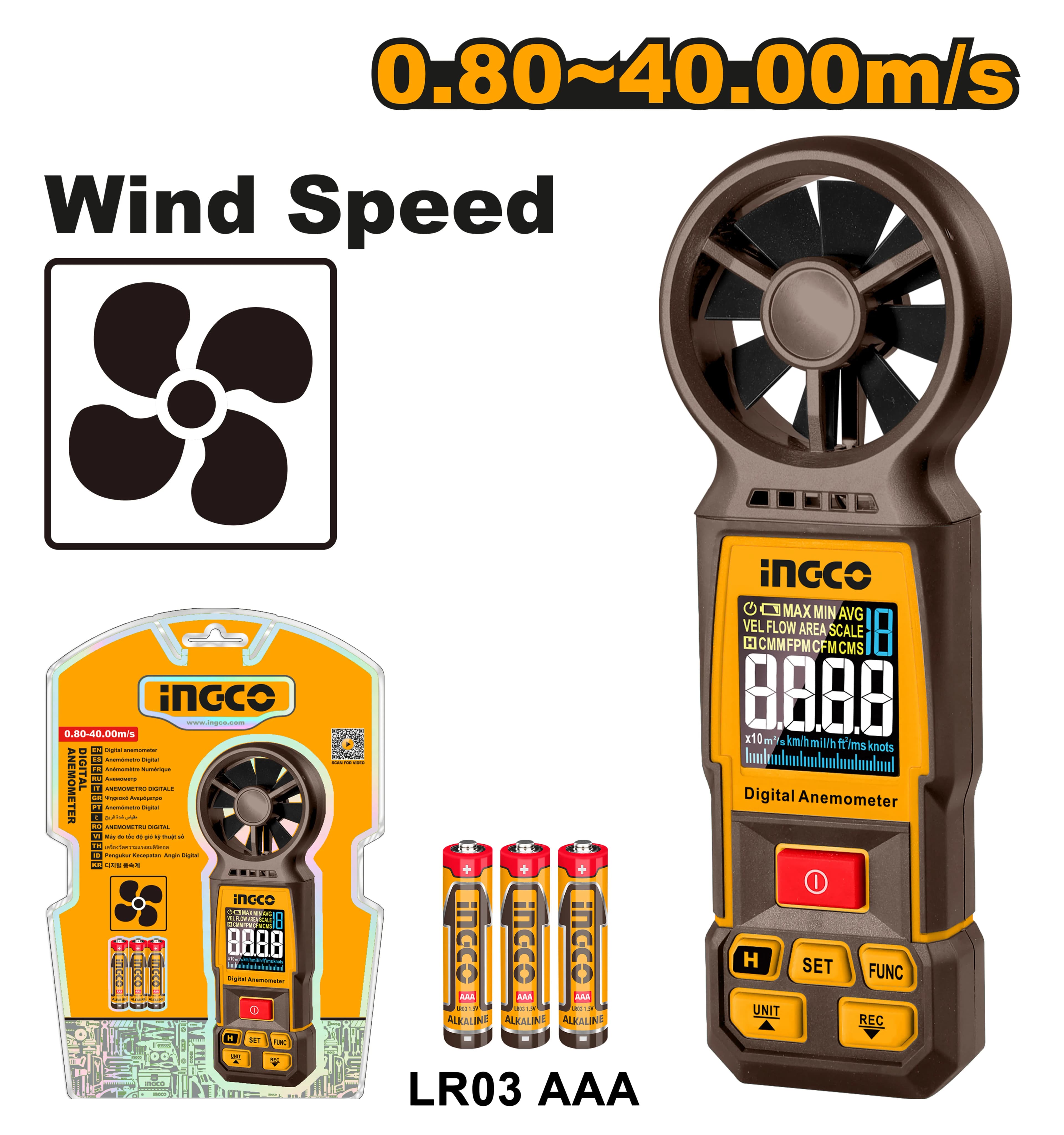 MEDIDOR DE AIRE/ANEMOMETRO DIGITAL 0.80-40.00M/S INGCO