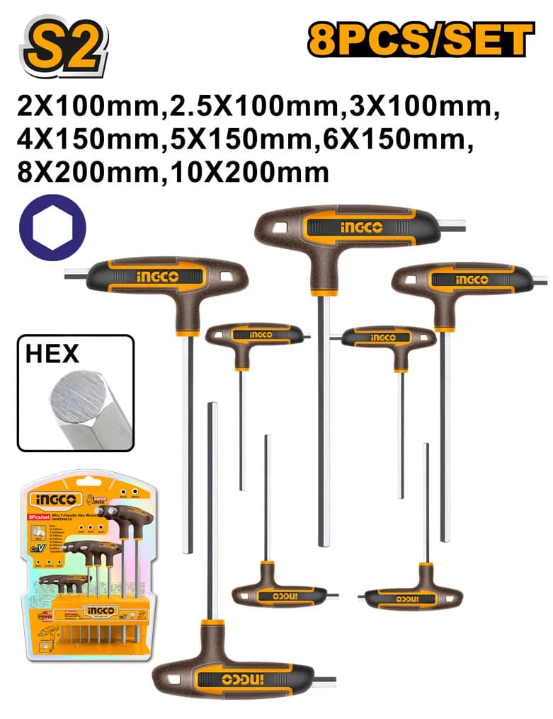 JUEGO DE LLAVES HEXAGONALES CON MANGO EN T DE 8 PIEZAS INGCO