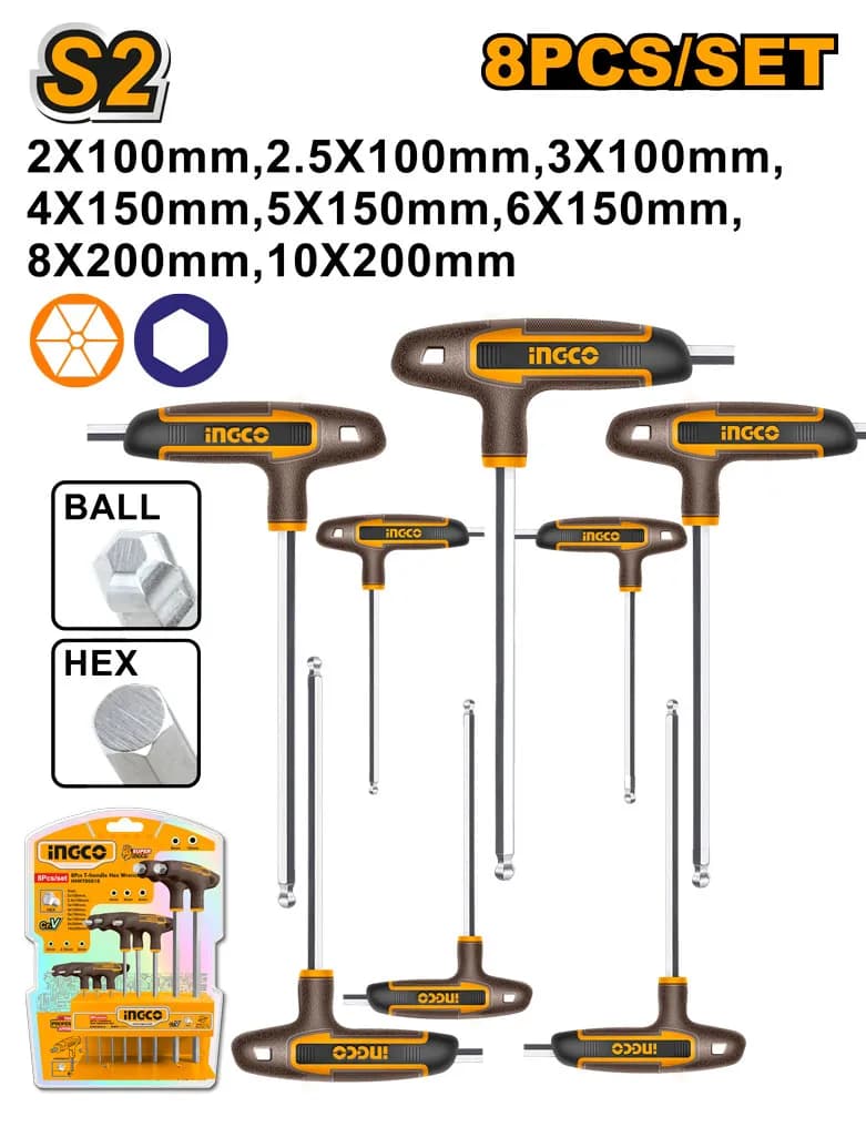 JUEGO DE LLAVES HEXAGONALES CON PUNTA DE BOLA CON MANGO EN T DE 8 PIEZAS