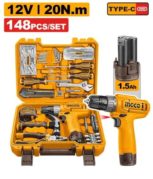 JUEGO DE HERRAMIENTAS 148 PCS CON TALADRO 12V 20N.M INGCO
