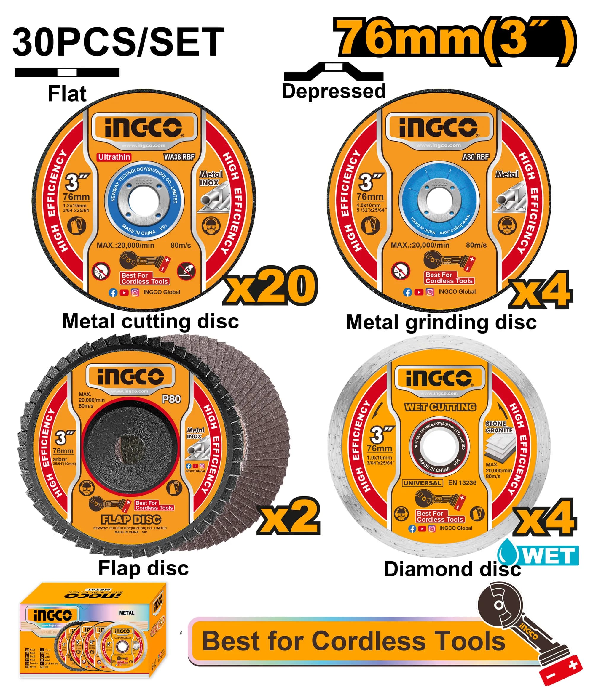 JUEGO DE DISCOS DE CORTE Y DESBASTE 3"" 30PCS INGCO