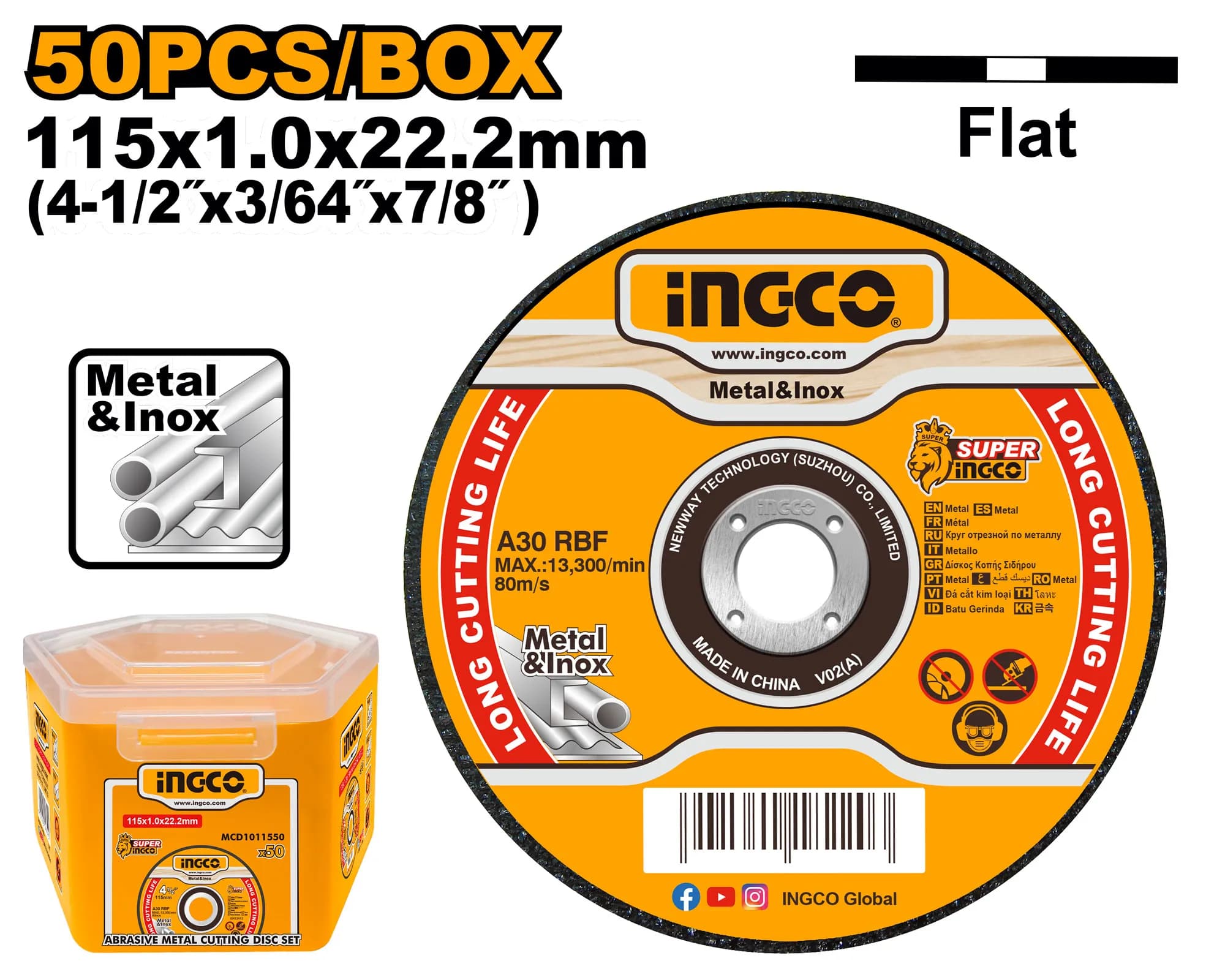 DISCO CORTE METAL (4-1/2"X3/64"X7/8 ")115X1.0X22.2MM 50 PCS INGCO