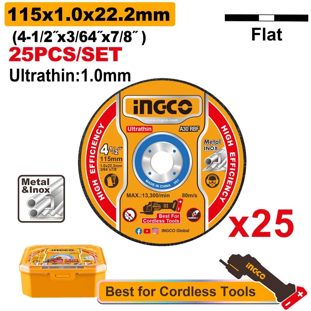 JUEGO DISCOS CORTE METAL ULTRAFINO (4- 1/2"X3/64"X7/8") 115MMX1.0MMX22.2 MM 25PCS INGCO