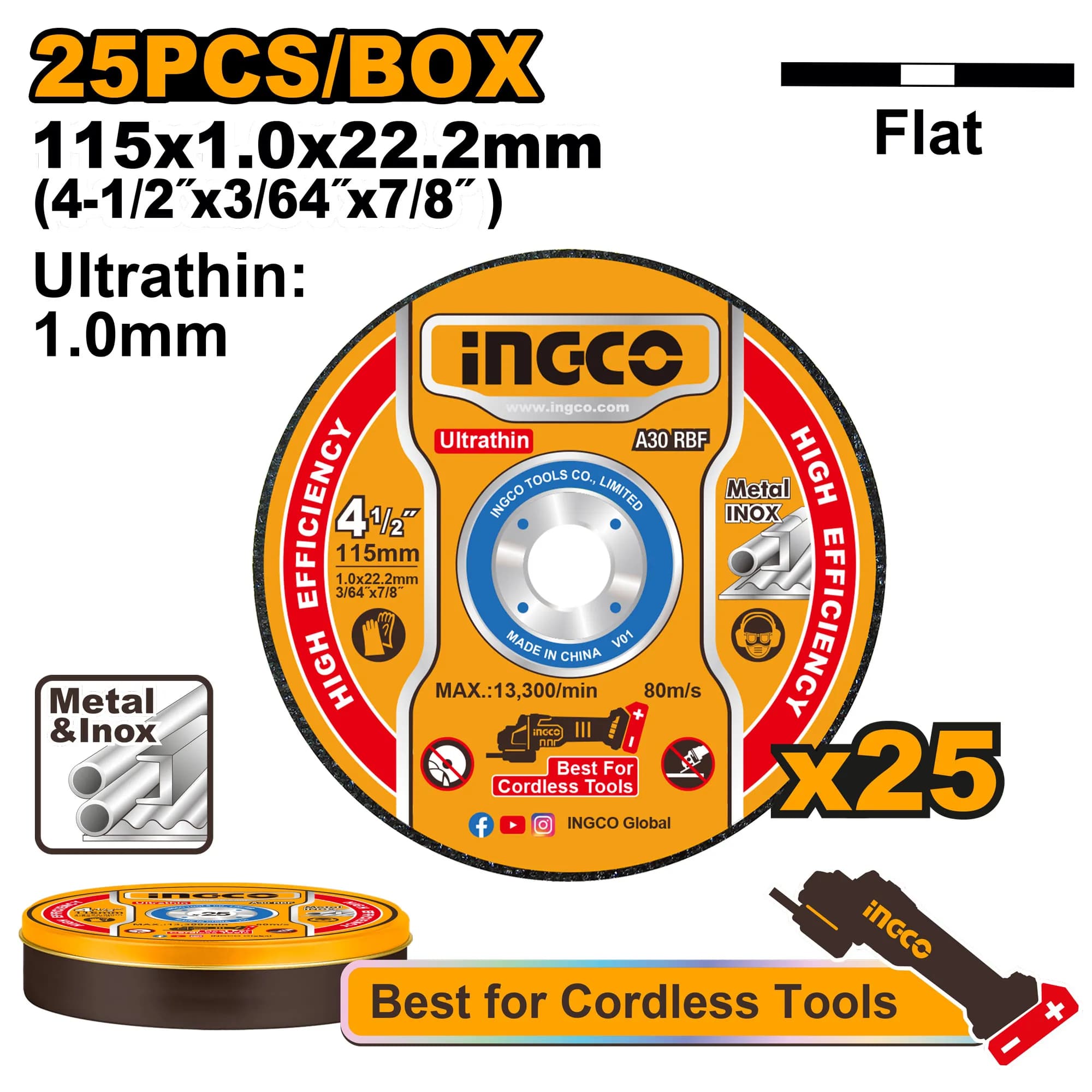 JUEGO DISCOS CORTE METAL ULTRAFINO (4-1/2"X3/64"X7/8") 115MMX1.0MMX22.2MM 25PCS INGCO