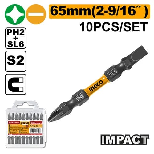SET DE 10 PUNTAS DE DESTORNILLADOR DE IMPACTO 65MM INGCO.