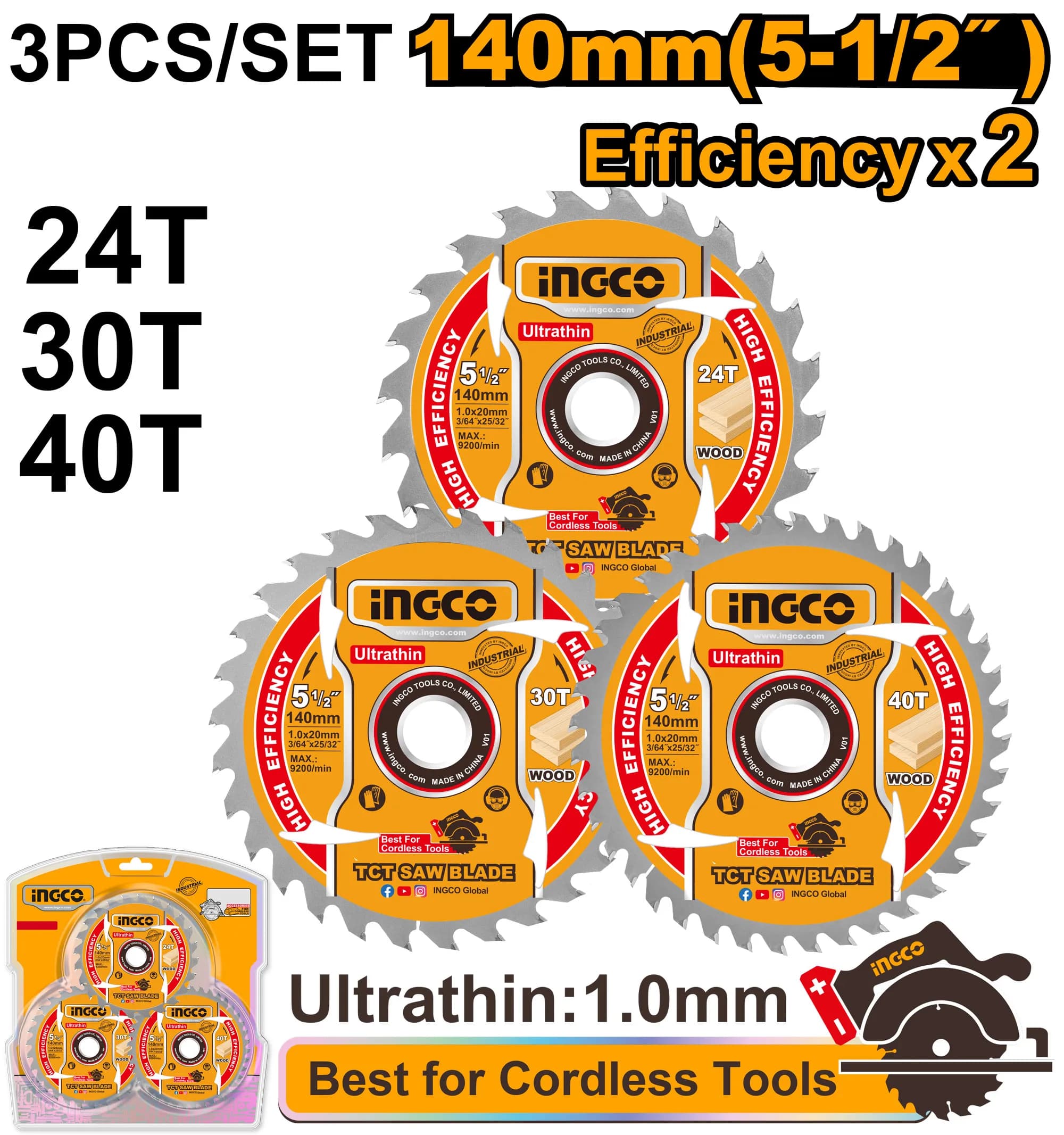 JUEGO DISCOS 3PCS SIERRA 5-1/2" (24T-30T-40T) INGCO