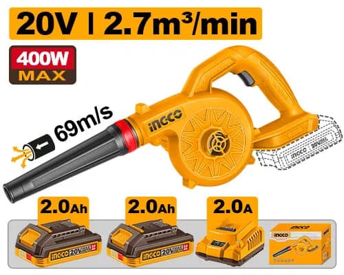 SOPLADOR INALAMBRICO 20V 400W 18000RPM + 2 BAT 2.0AH + CARG INGCO