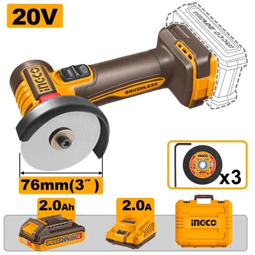 MINI AMOLADORA ANGULAR 3" BL 20V + 1 BAT 2.0AH + CARG + MALETA INGCO