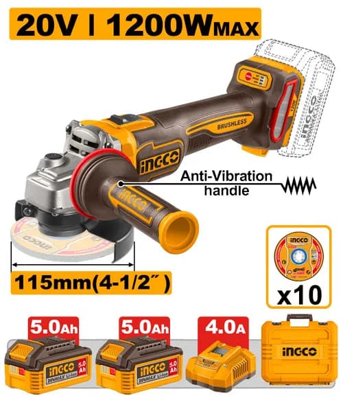 AMOLADORA ANGULAR 4-1/2" BL 20V 1200W + 2 BAT 5.0AH + CARG + MALETA INGCO.