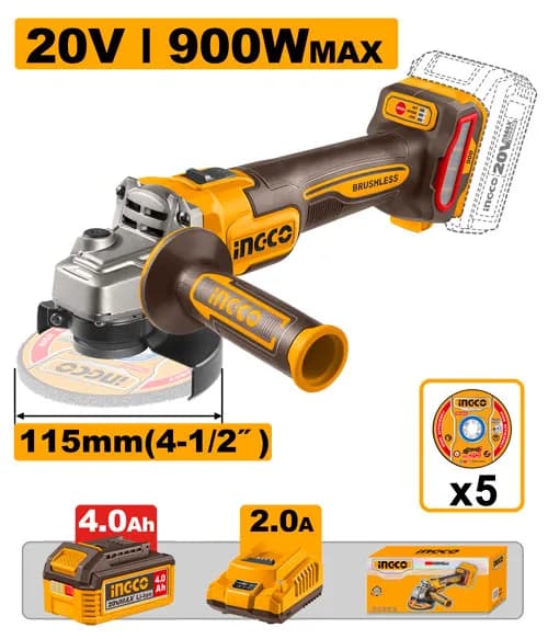 AMOLADORA ANGULAR 4-1/2 BL 20V 900W + 1 BAT 4.0AH + CARG INGCO