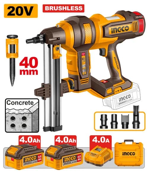 CLAVADORA INALAMBRICA DE IONES DE LITIO PARA HORMIGON 19-40MM 20V + 2 BAT 4.0AH + CARG + MALETA INGCO