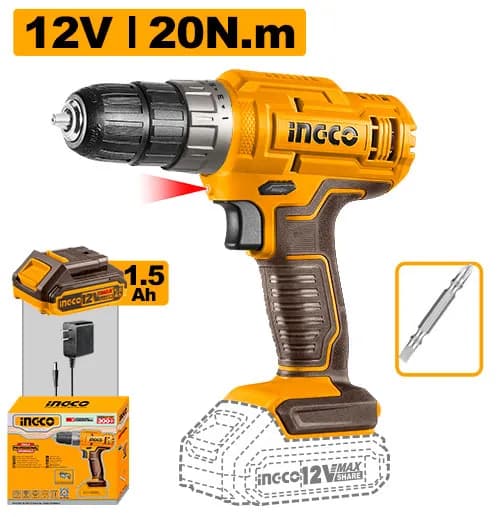 TALADRO INALAMBRICO 3/8"" 12V 20N.M + 1 BAT 1.5AH + CARG INGCO