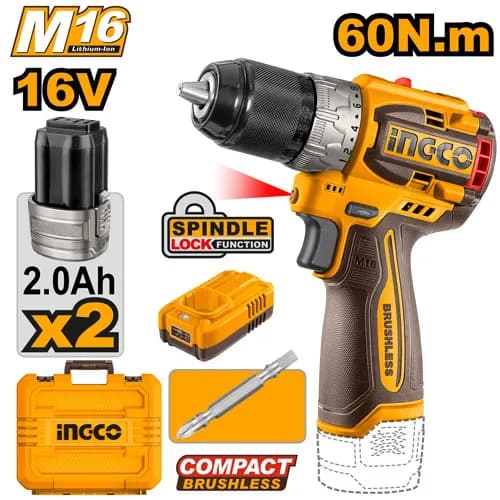 TALADRO INALAMBRICO 1/2"" BL 16V 60N.M + 2 BAT 2.0AH + CARG + MALETA INGCO