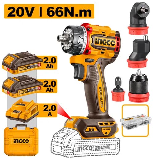 TALADRO INALAMBRICO ATORNILLADOR DE 4 CABEZAS DE 1/2" BL 20V 66N.M + 2 BAT 2.0AH + CARG + MALETA INGCO