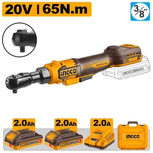 LLAVE DE RACHET 3/8" BL 20V 65N.M + 2 BAT 2.0AH + MALETA INGCO