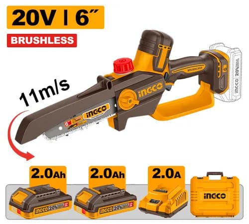 MOTOSIERRA DE IONES DE LITIO 6" BL 20V 11M/S + 2 BAT 2.0AH + CARG + MALETA INGCO