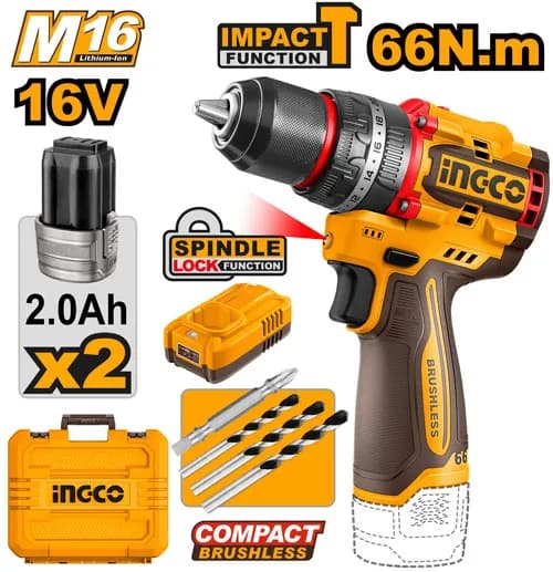 TALADRO DE IMPACTO 1/2" 16V 66N.M + 2 BAT 2.0AH + CARG + MALETA INGCO