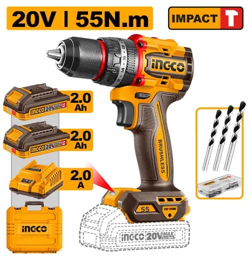 TALADRO DE IMPACTO 1/2" BL 20V 55N.M + 2 BAT 2.0AH + CARG + MALETA INGCO
