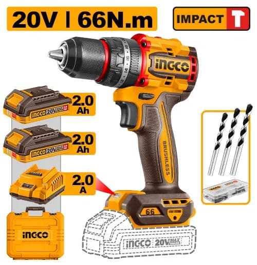 TALADRO DE IMPACTO 1/2" BL 20V 66N.M + 2 BAT 2.0AH + CARG + MALETA INGCO