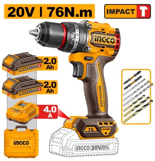 TALADRO DE IMPACTO 1/2" BL 20V 76N.M 810W + 2 BAT 2.0AH + CARG + MALETA INGCO