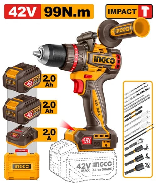 TALADRO DE IMPACTO 1/2" BL 42V 99N.M + 2 BAT 2.0AH + CARG + MALETA INGCO