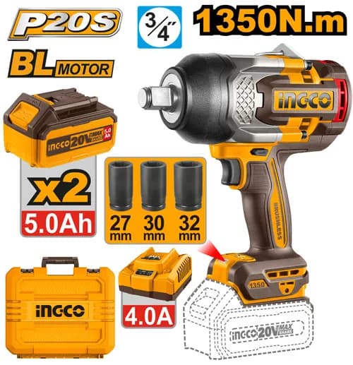 LLAVE DE IMPACTO INALAMBRICA 3/4" BL 20V 1350N.M + 2 BAT 5.0AH + CARG + MALETA INGCO
