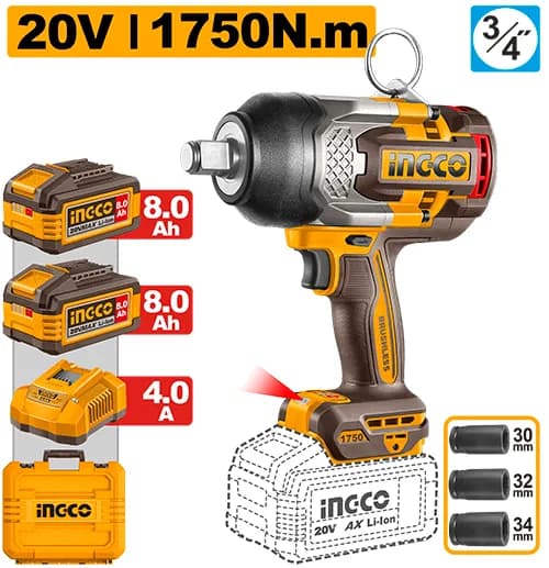 LLAVE DE IMPACTO INALAMBRICA 3/4" BL 20V 1750N.M + 2 BAT 8.0AH + CARG + MALETA INGCO