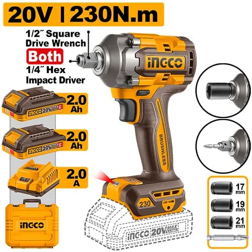 LLAVE DE IMPACTO INALAMBRICA 1/2" BL 20V 230N.M + 2 BAT 2.0AH + CARG + MALETA INGCO