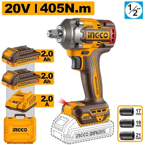 LLAVE DE IMPACTO INALAMBRICA 1/2" BL 20V 405N.M + 2 BAT 2.0AH + CARG + MALETA INGCO