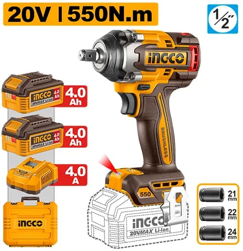 LLAVE DE IMPACTO INALAMBRICA 1/2" BL 20V 550N.M + 2 BAT 4.0AH + CARG + MALETA INGCO