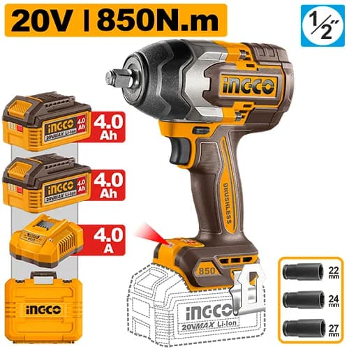 LLAVE DE IMPACTO INALAMBRICA 1/2"" BL 20V 850N.M + 2 BAT 4.0AH + CARG + MALETA INGCO