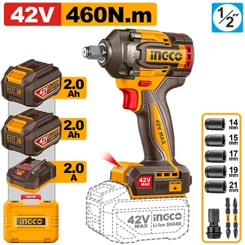 LLAVE DE IMPACTO INALAMBRICA 1/2" BL 42V 460N.M + 2 BAT 2.0AH + CARG + MALETA INGCO