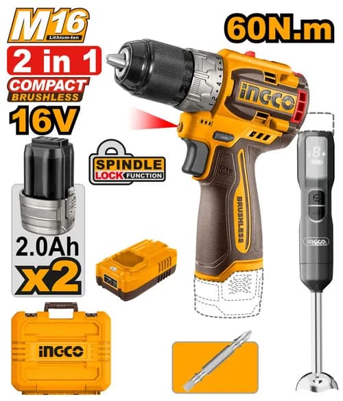 JUEGO COMBINADO DE 2PCS TALADRO INALAMBRICO 1/2" BL 16V 60N.M + BATIDORA + 2 BAT 2.0AH + CARG + MALETA INGCO