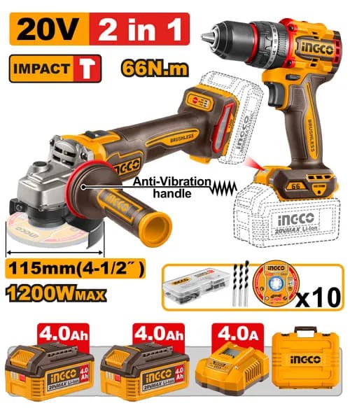 JUEGO COMBINADO DE 2PCS TALADRO DE IMPACTO 1/2'' BL 20V 66N.M + AMOLADORA ANGULAR 4-1/2" 1200W BL 20V + 2 BAT 4.0AH + CARG + MALETA INGCO