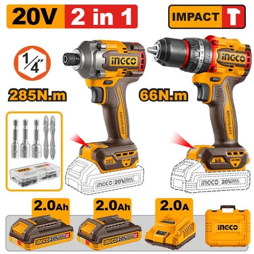 JUEGO COMBINADO DE 2 PIEZAS TALADRO DE IMPACTO 1/2" 20V 66N.M ATORNILLADOR DE IMPACTO 1/4" BL 20V 285N.M + 2 BAT 2.0AH + CARG + MALETA INGCO