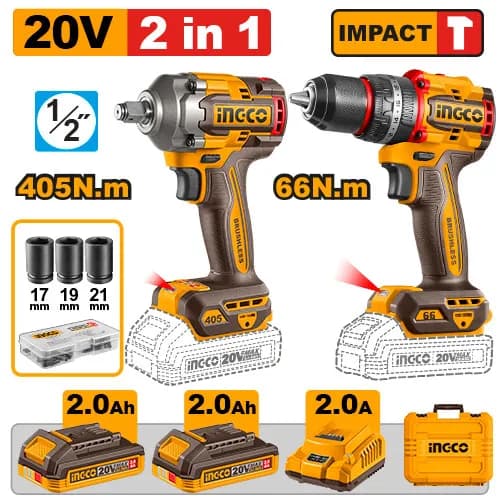 JUEGO COMBINADO DE 2 PIEZAS TALADRO DE IMPACTO 1/2" BL 20V 66N.M + LLAVE DE IMPACTO 1/2" BL 20V 405N.M + 2 BAT 2.0AH + CARG + MALETA INGCO