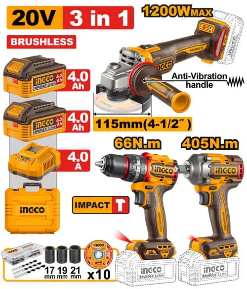 JUEGO COMBINADO DE 3 PIEZAS TALADRO DE IMPACTO 1/2'' BL 20V 66N.M + LLAVE DE IMPACTO INALAMBRICA 1/2" BL 20V 405N.M + AMOLADORA ANGULAR 4-1/2" 1200W BL 20V + 2 BAT 4.0AH + CARG + MALETA INGCO
