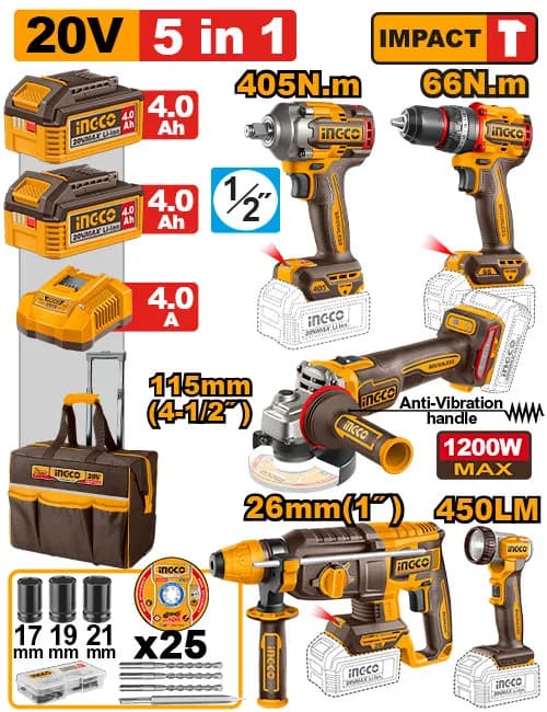 JUEGO COMBINADO DE 5 PIEZAS TALADRO INALAMBRICO 1/2" 66N.M + LLAVE DE IMPACTO 1/2" + ROTOMARTILLO 2.5J + AMOLADORA ANGULAR 4 1/2" + LAMPARA + 2 BAT 4.0AH + CARG + MALETA INGCO