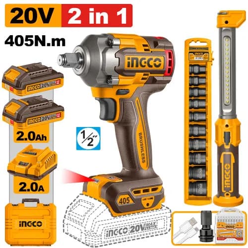 JUEGO COMBINADO DE 2 PIEZAS LLAVE DE IMPACTO INALAMBRICA 1/2'' BL 20V 405N.M + 2 BAT 2.0AH + CARG + LAMPARA INGCO