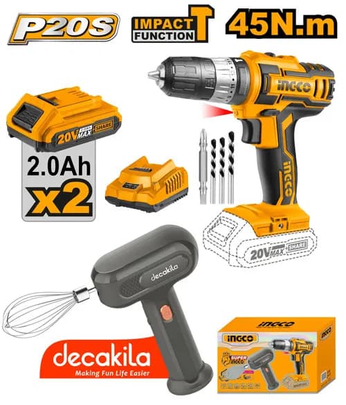 JUEGO COMBINADO DE 2 PIEZAS TALADRO DE IMPACTO 3/8" 20V 45N.M + 2 BAT 2.0AH + BATIDORA DE MANO INALAMBRICA INGCO