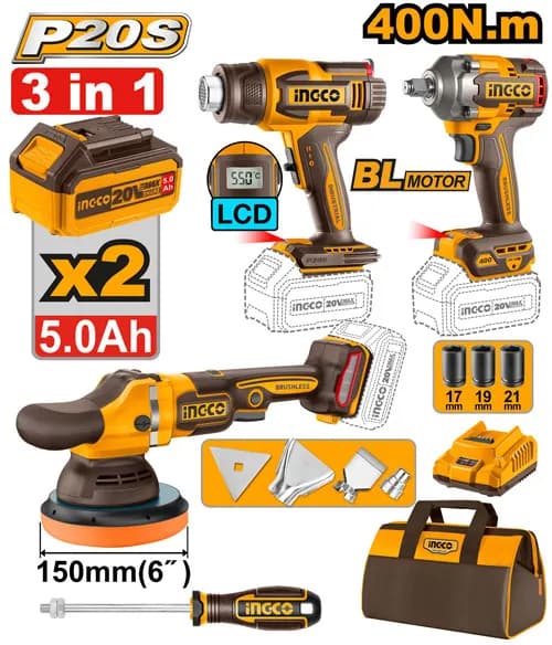 JUEGO COMBINADO DE 3 PIEZAS LLAVE DE IMPACTO 1/2" BL 20V 400N.M + PULIDORA 6" BL 20V 4500RPM + PISTOLA DE CALOR 300/550 °C + 2 BAT 5.0AH + CARG INGCO